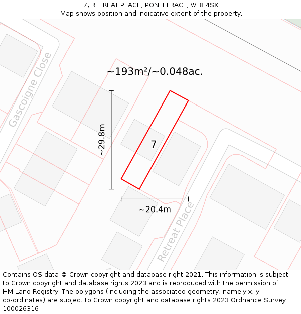 7, RETREAT PLACE, PONTEFRACT, WF8 4SX: Plot and title map