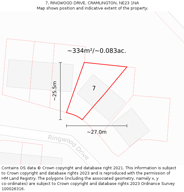 7, RINGWOOD DRIVE, CRAMLINGTON, NE23 1NA: Plot and title map