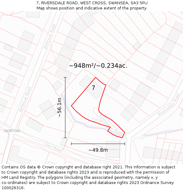 7, RIVERSDALE ROAD, WEST CROSS, SWANSEA, SA3 5PU: Plot and title map