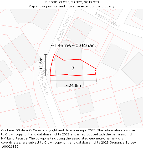 7, ROBIN CLOSE, SANDY, SG19 2TB: Plot and title map