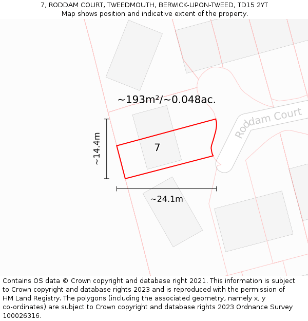 7, RODDAM COURT, TWEEDMOUTH, BERWICK-UPON-TWEED, TD15 2YT: Plot and title map