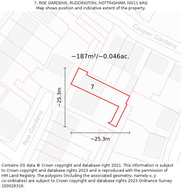 7, ROE GARDENS, RUDDINGTON, NOTTINGHAM, NG11 6AQ: Plot and title map