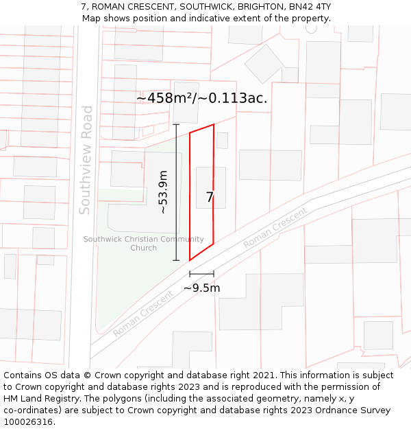 7, ROMAN CRESCENT, SOUTHWICK, BRIGHTON, BN42 4TY: Plot and title map