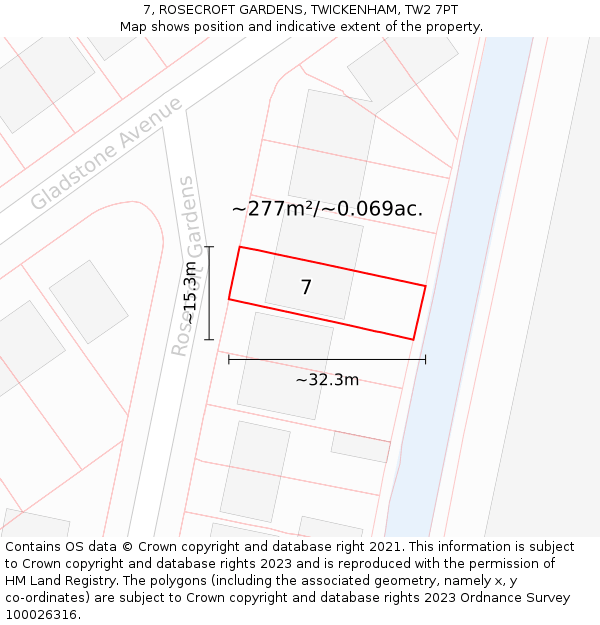 7, ROSECROFT GARDENS, TWICKENHAM, TW2 7PT: Plot and title map