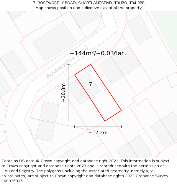 7, ROSEWORTHY ROAD, SHORTLANESEND, TRURO, TR4 9RR: Plot and title map