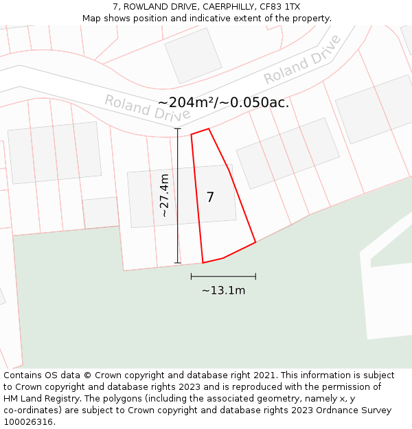 7, ROWLAND DRIVE, CAERPHILLY, CF83 1TX: Plot and title map