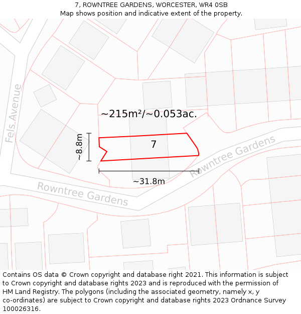 7, ROWNTREE GARDENS, WORCESTER, WR4 0SB: Plot and title map