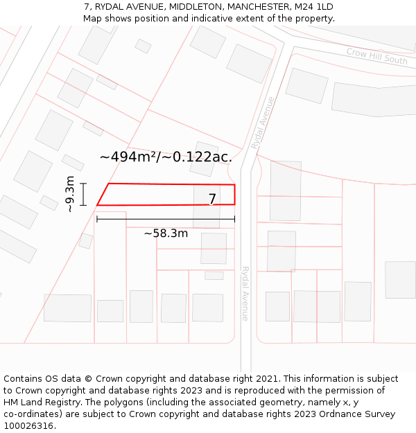 7, RYDAL AVENUE, MIDDLETON, MANCHESTER, M24 1LD: Plot and title map