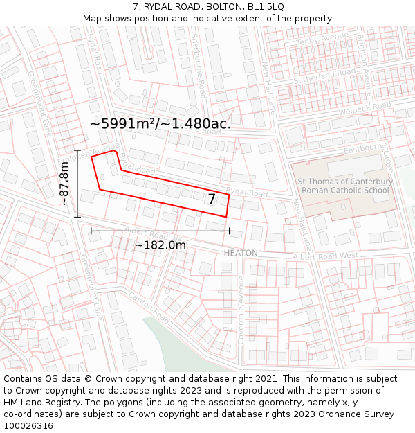 7, RYDAL ROAD, BOLTON, BL1 5LQ: Plot and title map