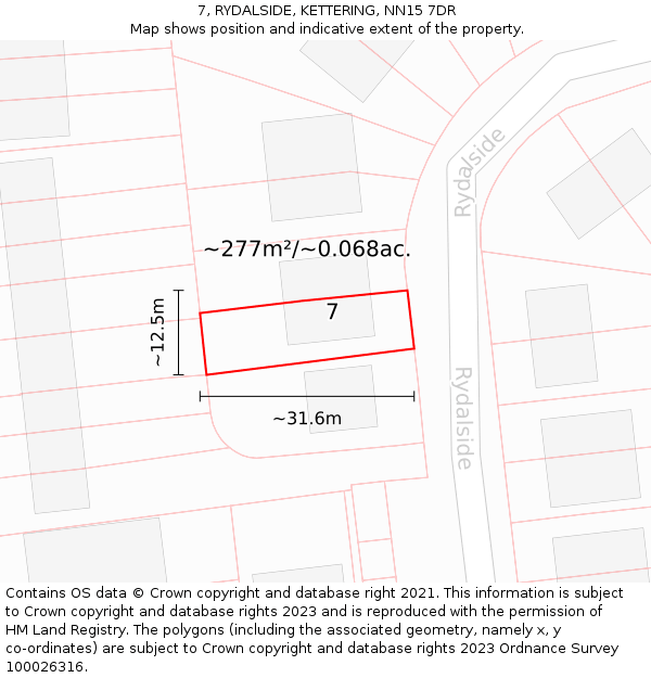 7, RYDALSIDE, KETTERING, NN15 7DR: Plot and title map