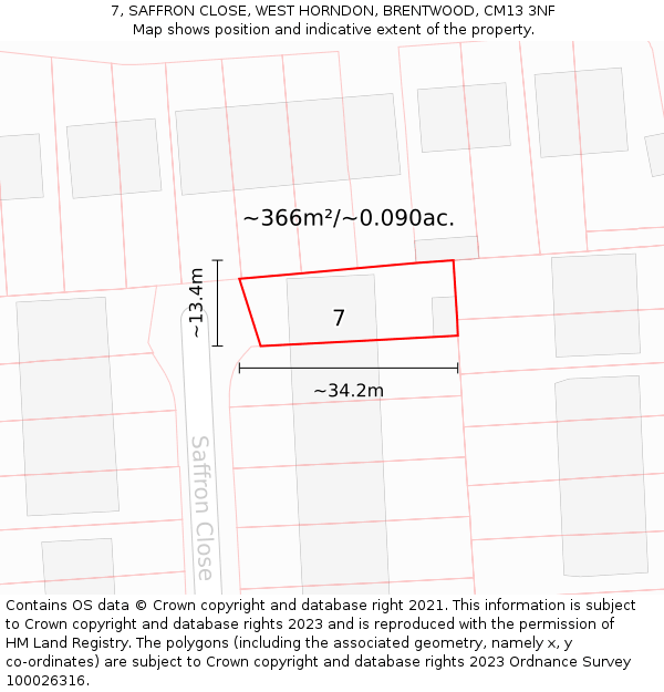 7, SAFFRON CLOSE, WEST HORNDON, BRENTWOOD, CM13 3NF: Plot and title map