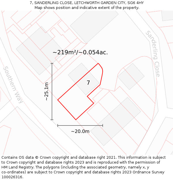 7, SANDERLING CLOSE, LETCHWORTH GARDEN CITY, SG6 4HY: Plot and title map