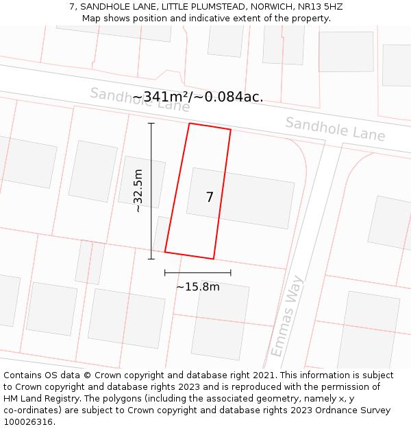 7, SANDHOLE LANE, LITTLE PLUMSTEAD, NORWICH, NR13 5HZ: Plot and title map