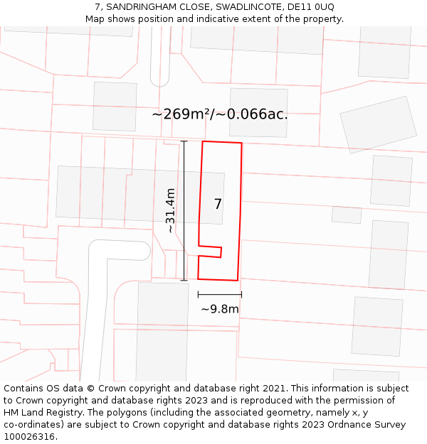 7, SANDRINGHAM CLOSE, SWADLINCOTE, DE11 0UQ: Plot and title map