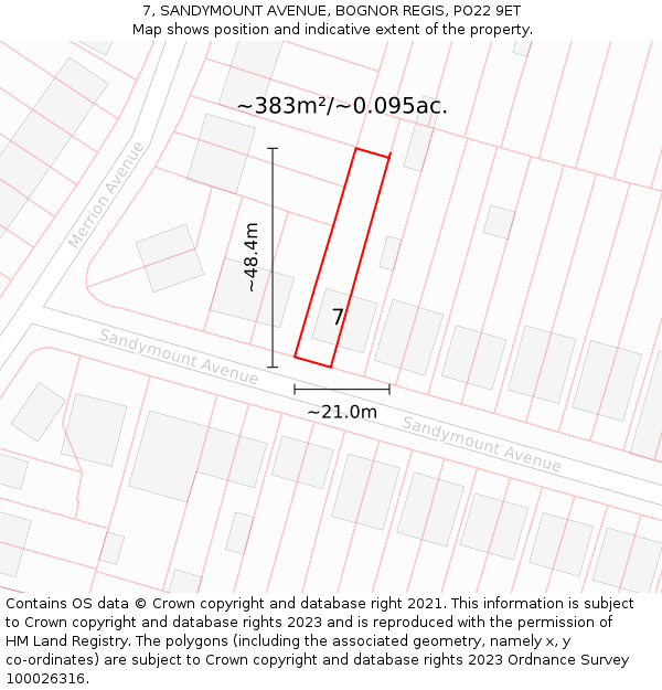 7, SANDYMOUNT AVENUE, BOGNOR REGIS, PO22 9ET: Plot and title map