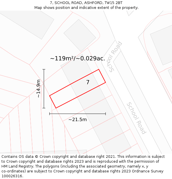 7, SCHOOL ROAD, ASHFORD, TW15 2BT: Plot and title map