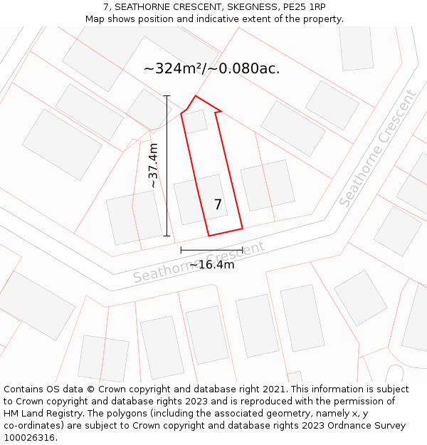 7, SEATHORNE CRESCENT, SKEGNESS, PE25 1RP: Plot and title map