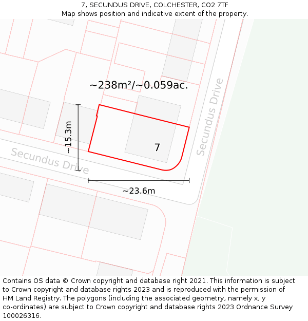 7, SECUNDUS DRIVE, COLCHESTER, CO2 7TF: Plot and title map