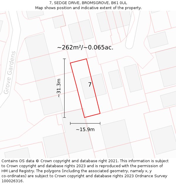 7, SEDGE DRIVE, BROMSGROVE, B61 0UL: Plot and title map