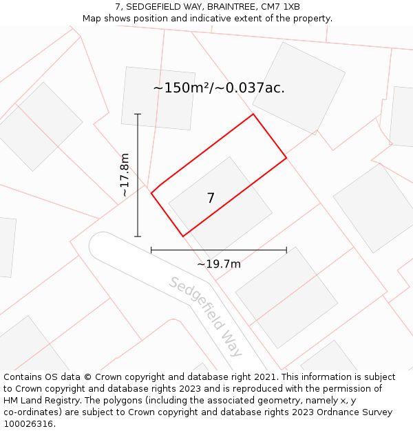 7, SEDGEFIELD WAY, BRAINTREE, CM7 1XB: Plot and title map