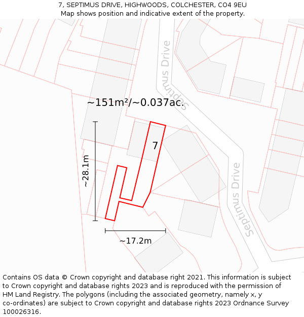 7, SEPTIMUS DRIVE, HIGHWOODS, COLCHESTER, CO4 9EU: Plot and title map