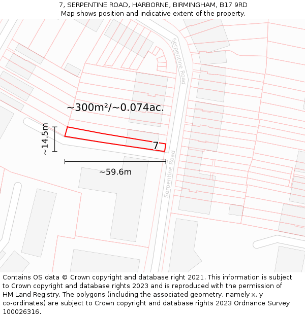 7, SERPENTINE ROAD, HARBORNE, BIRMINGHAM, B17 9RD: Plot and title map