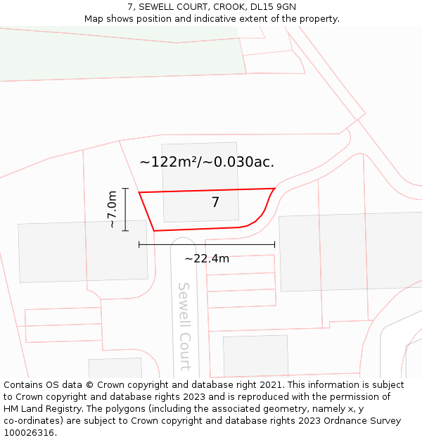 7, SEWELL COURT, CROOK, DL15 9GN: Plot and title map