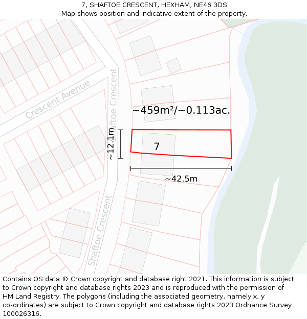 7, SHAFTOE CRESCENT, HEXHAM, NE46 3DS: Plot and title map