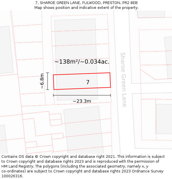 7, SHAROE GREEN LANE, FULWOOD, PRESTON, PR2 8EB: Plot and title map