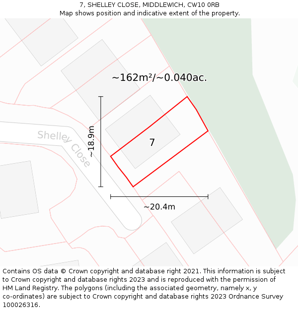 7, SHELLEY CLOSE, MIDDLEWICH, CW10 0RB: Plot and title map