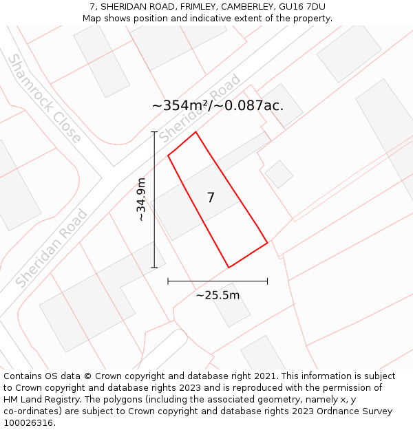 7, SHERIDAN ROAD, FRIMLEY, CAMBERLEY, GU16 7DU: Plot and title map