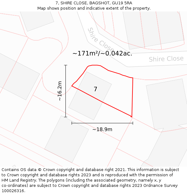 7, SHIRE CLOSE, BAGSHOT, GU19 5RA: Plot and title map