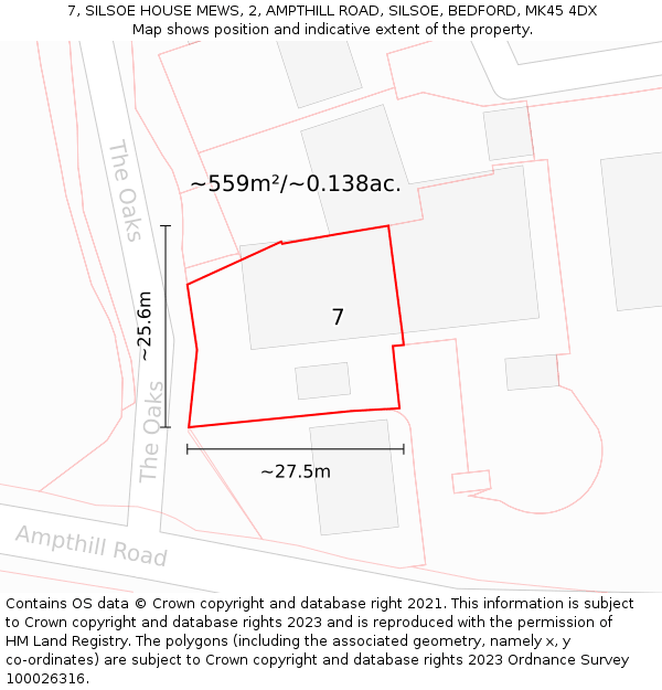 7, SILSOE HOUSE MEWS, 2, AMPTHILL ROAD, SILSOE, BEDFORD, MK45 4DX: Plot and title map