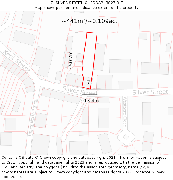 7, SILVER STREET, CHEDDAR, BS27 3LE: Plot and title map