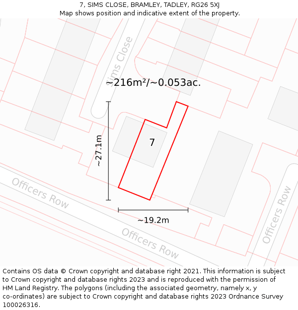 7, SIMS CLOSE, BRAMLEY, TADLEY, RG26 5XJ: Plot and title map