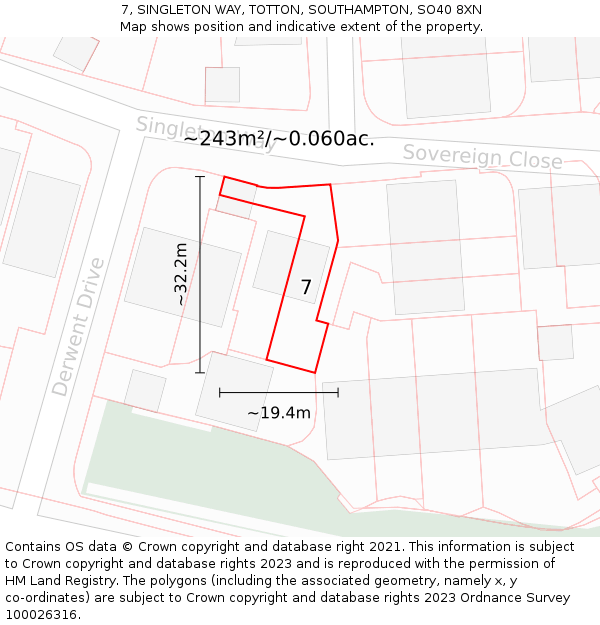 7, SINGLETON WAY, TOTTON, SOUTHAMPTON, SO40 8XN: Plot and title map