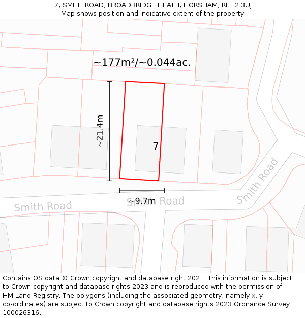 7, SMITH ROAD, BROADBRIDGE HEATH, HORSHAM, RH12 3UJ: Plot and title map