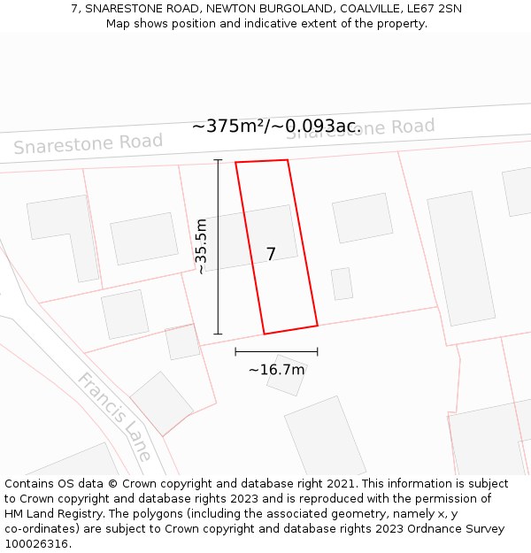 7, SNARESTONE ROAD, NEWTON BURGOLAND, COALVILLE, LE67 2SN: Plot and title map