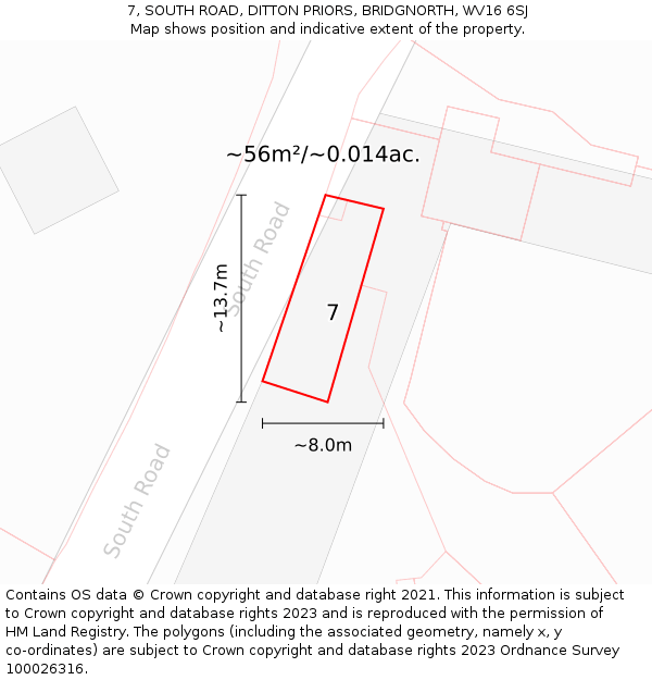 7, SOUTH ROAD, DITTON PRIORS, BRIDGNORTH, WV16 6SJ: Plot and title map