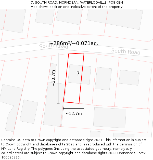 7, SOUTH ROAD, HORNDEAN, WATERLOOVILLE, PO8 0EN: Plot and title map