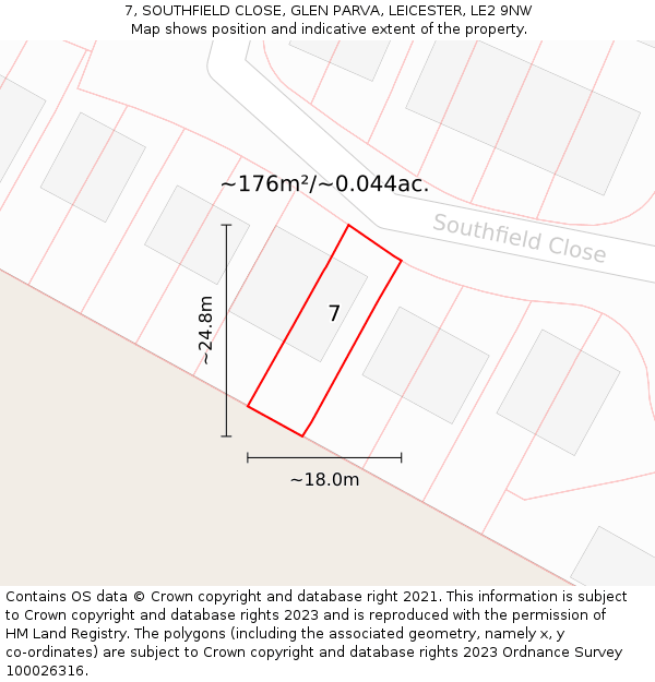 7, SOUTHFIELD CLOSE, GLEN PARVA, LEICESTER, LE2 9NW: Plot and title map