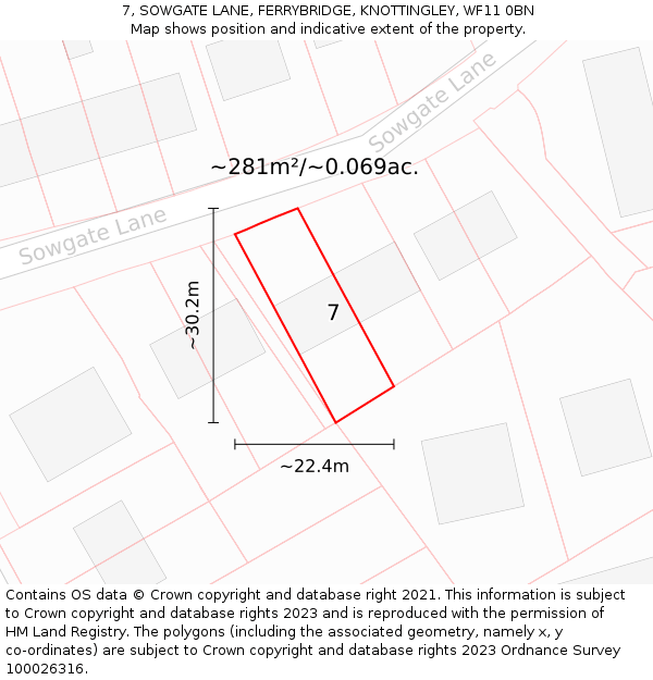 7, SOWGATE LANE, FERRYBRIDGE, KNOTTINGLEY, WF11 0BN: Plot and title map