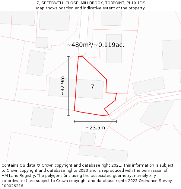 7, SPEEDWELL CLOSE, MILLBROOK, TORPOINT, PL10 1DS: Plot and title map