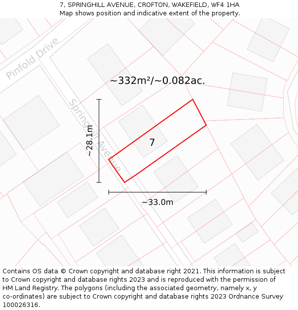 7, SPRINGHILL AVENUE, CROFTON, WAKEFIELD, WF4 1HA: Plot and title map