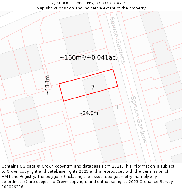 7, SPRUCE GARDENS, OXFORD, OX4 7GH: Plot and title map