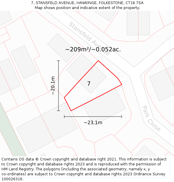 7, STANSFELD AVENUE, HAWKINGE, FOLKESTONE, CT18 7SA: Plot and title map