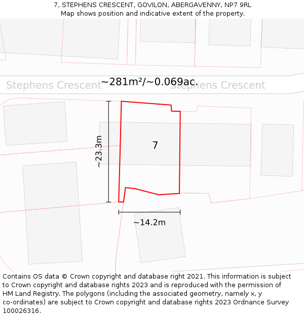 7, STEPHENS CRESCENT, GOVILON, ABERGAVENNY, NP7 9RL: Plot and title map