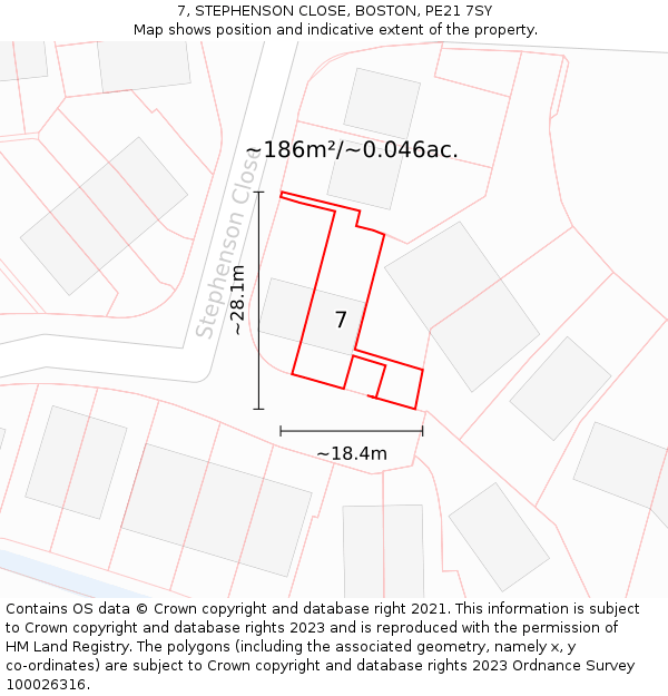 7, STEPHENSON CLOSE, BOSTON, PE21 7SY: Plot and title map