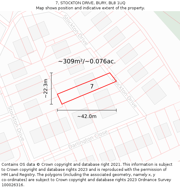 7, STOCKTON DRIVE, BURY, BL8 1UQ: Plot and title map