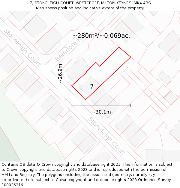 7, STONELEIGH COURT, WESTCROFT, MILTON KEYNES, MK4 4BS: Plot and title map